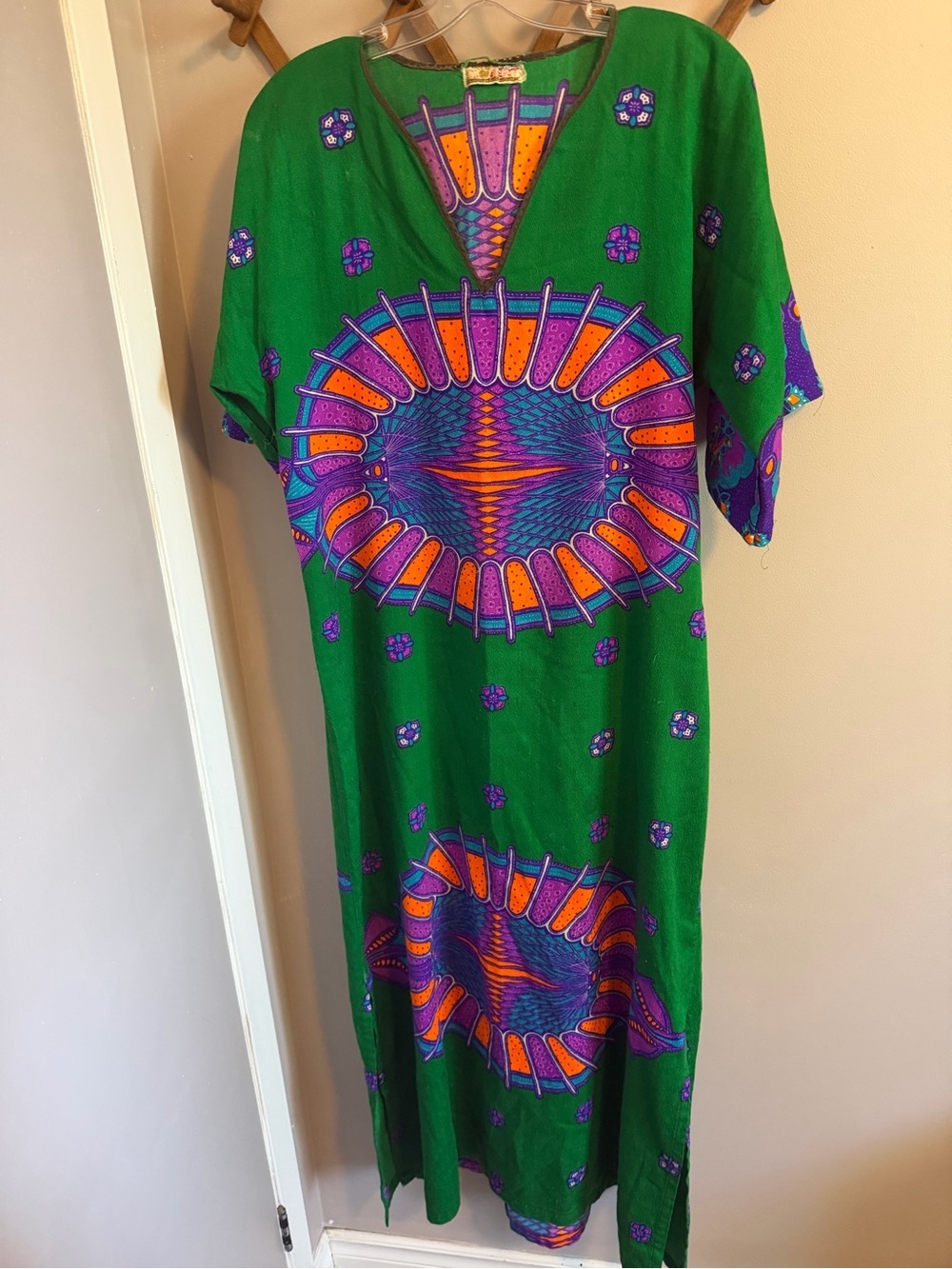 Vintage Garments of Barbados Kaftan Maxi Green Purple Geometric Festival S/M